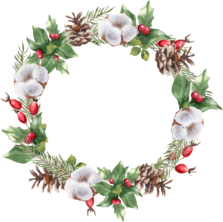 Christmas wreath watercolour with cotton bolls, pine cones, holly, and red berries, Grey Barn Handwerk, Saskatchewan.